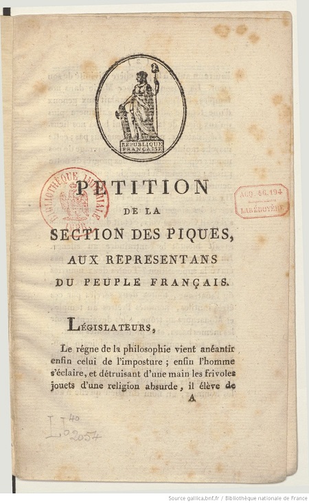Marquis de Sade — Pétition de la Section des Piques
